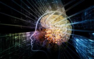 Kopf im Profil mit leuchtenden Verbindungen und Datenlinien